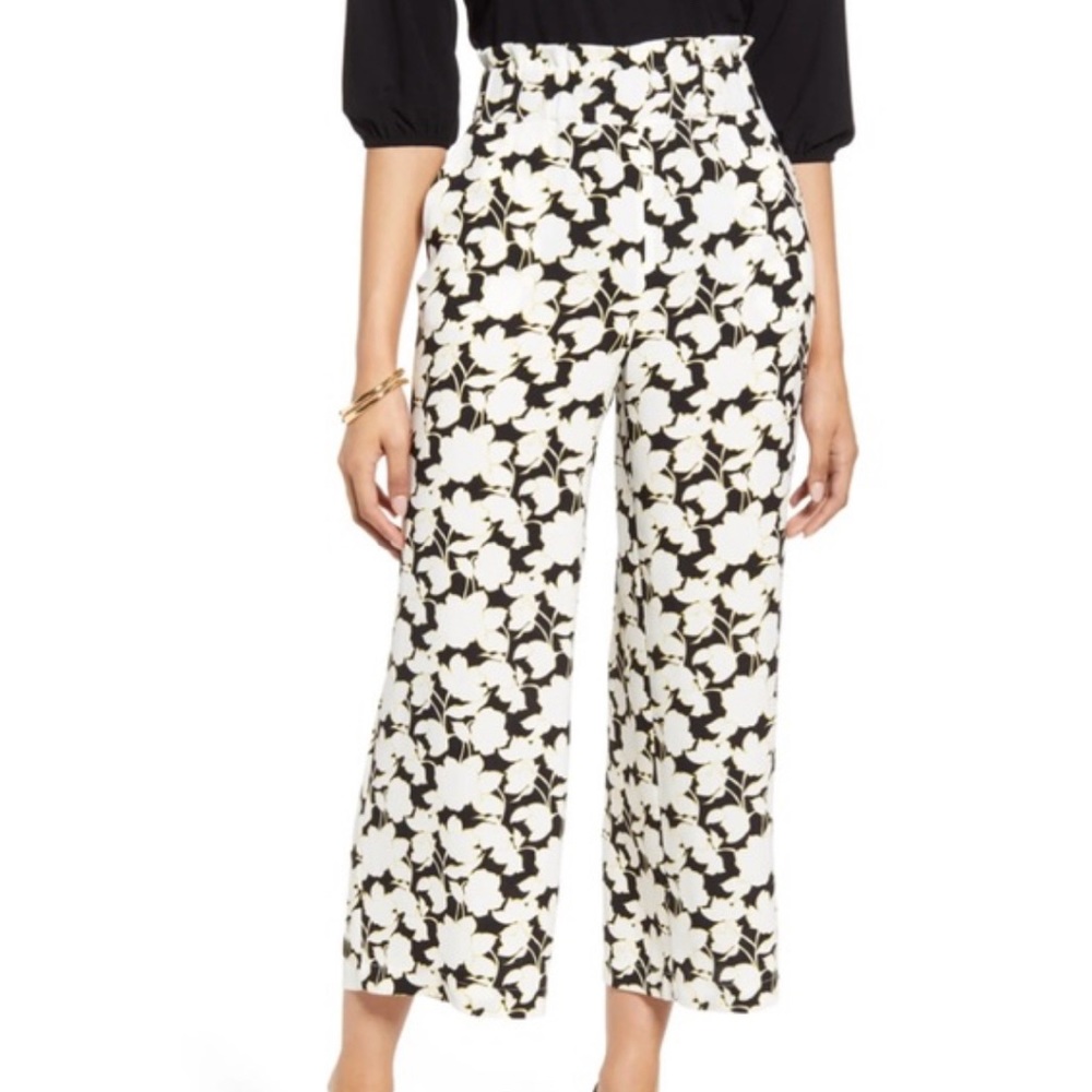 Halogen Pull On Cropped floral black white wide leg pants size XL NWOT
